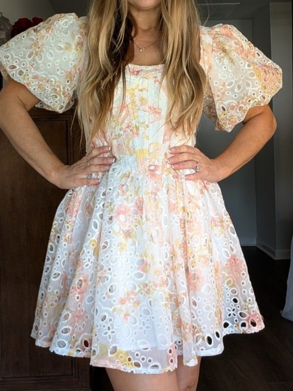 Altar'd State White Eyelet Mini Dress with Pastel Floral - Picture 3 of 9